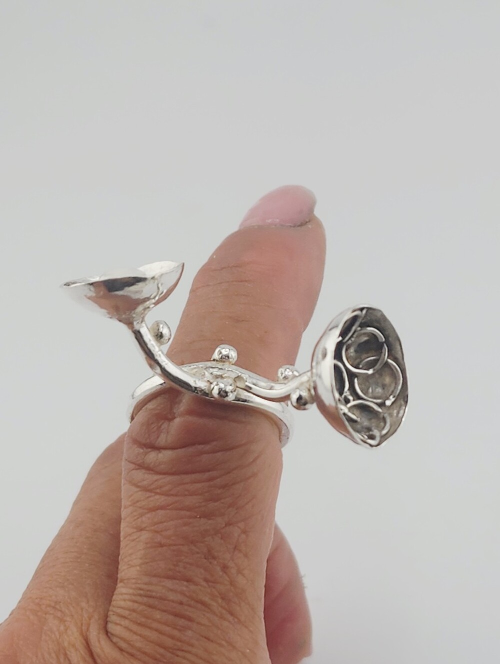 UNIQUE 2 FLOWER POT RING HANDMADE WITH STERLING SILVER AN A PEARL SIZE 8 - Picture 5 of 16